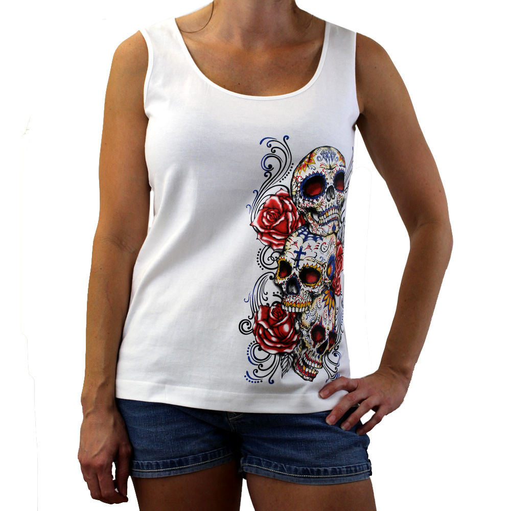 White tank with 3 Day of the Dead skulls.