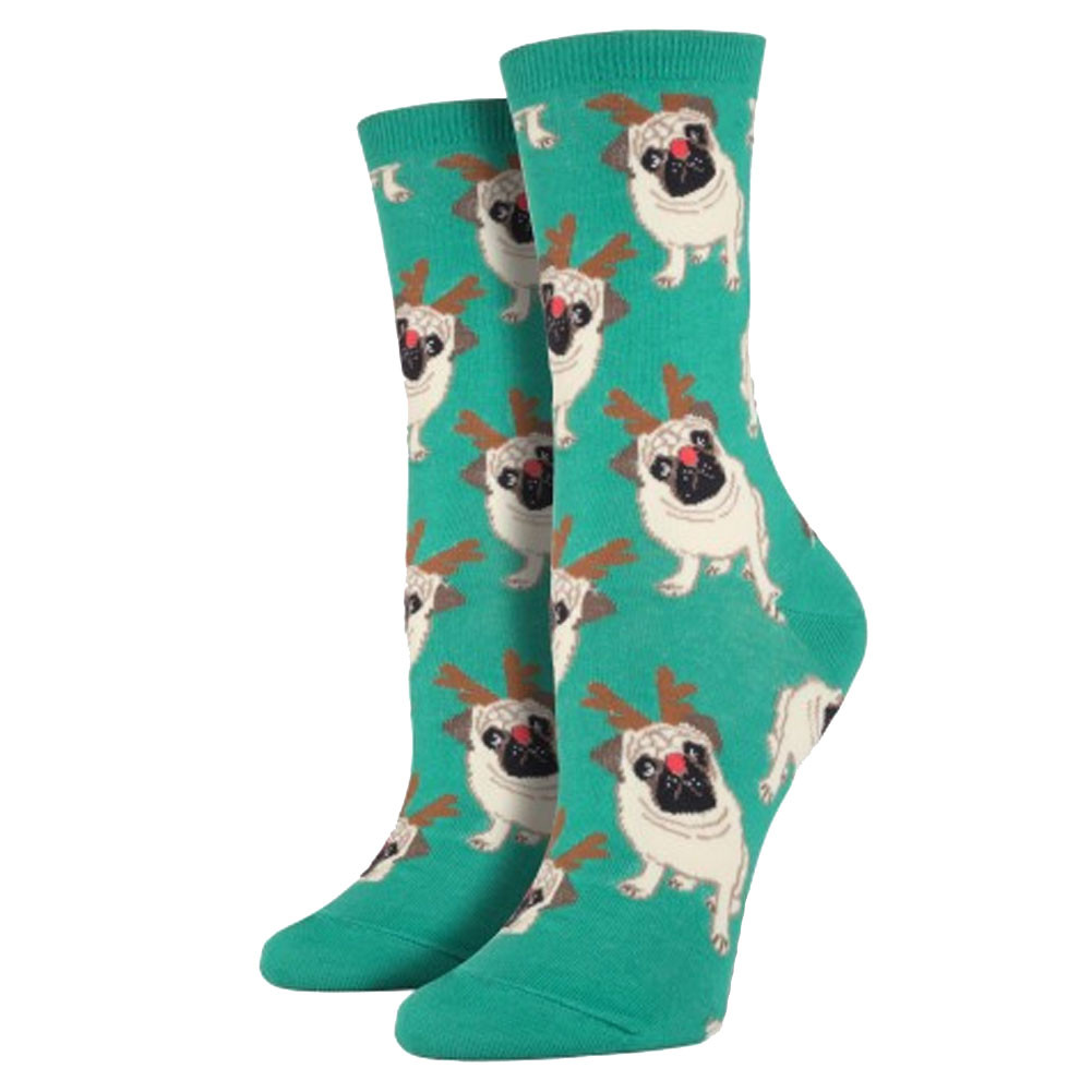 Women's Crew Socks Antler Pug Holiday Christmas Puppy Dog Green