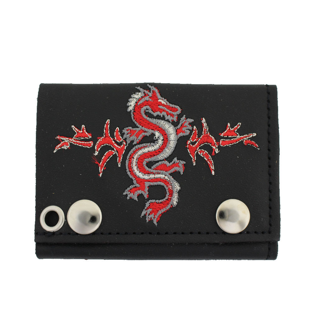 Men's Biker Black Leather Chain Wallet Tri-Fold Embroidered Dragon Design
