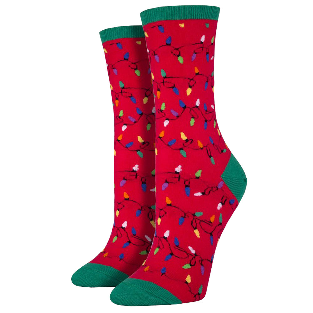 Women's Crew Socks Holiday Christmas Lights Red