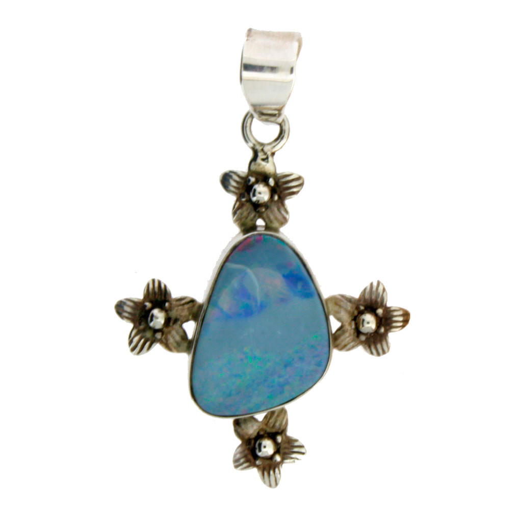 Sterling Silver Blue Opal Pendant with Flowers