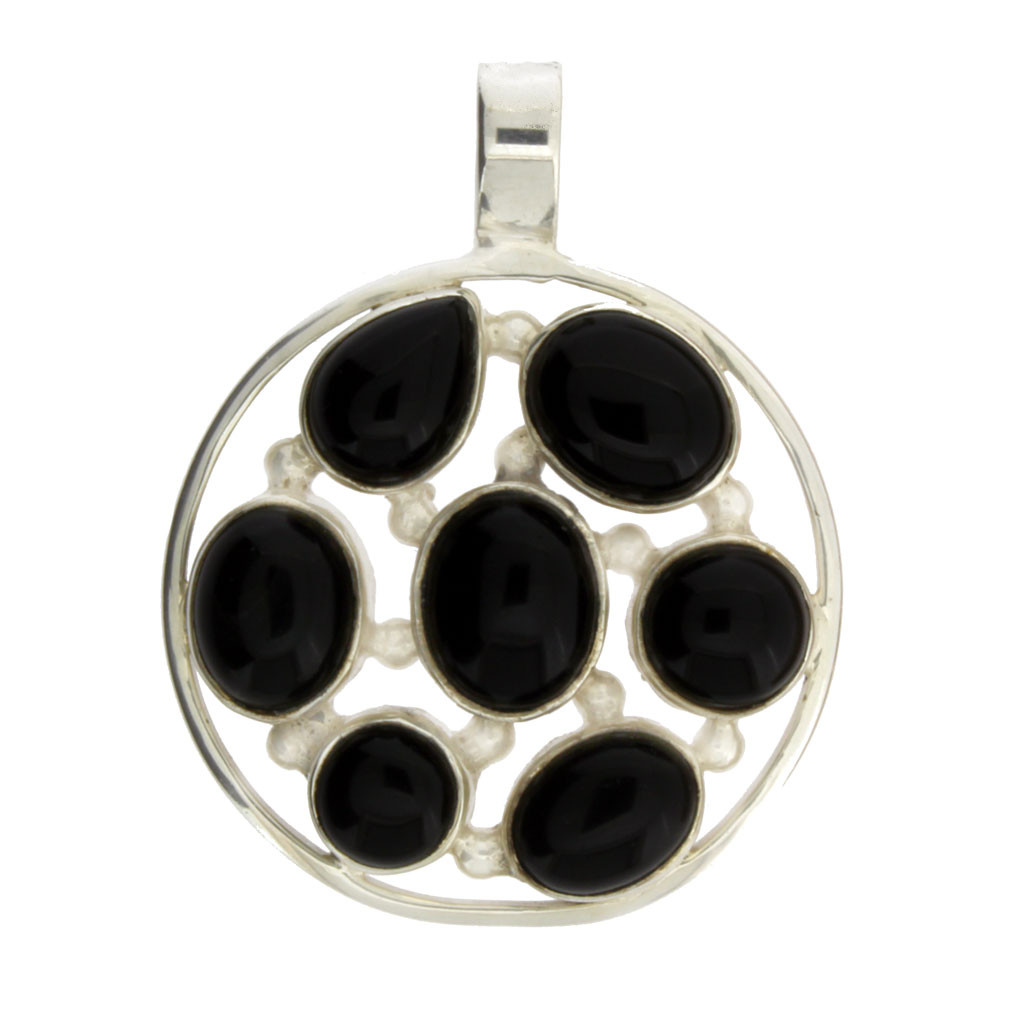 Round Multi Stone Black Onyx Sterling Silver Pendant