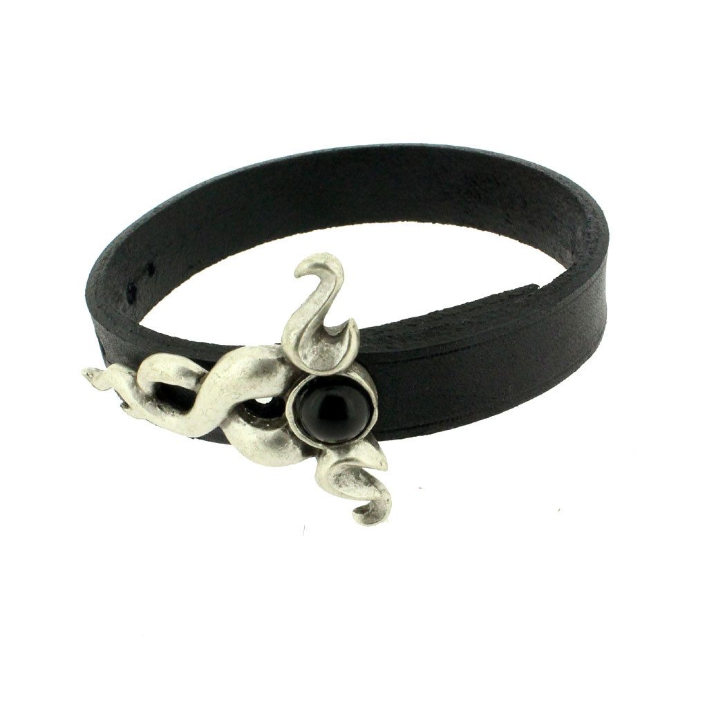 Black leather bracelet silver pewter swirl design. 