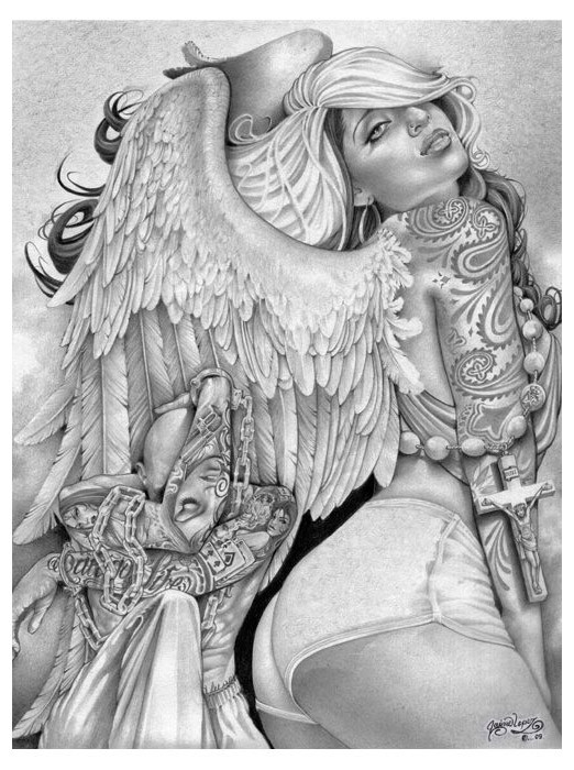 Angel Girl by Jamie Mouse Lopez Fine Tattoo Art Print Black and White
