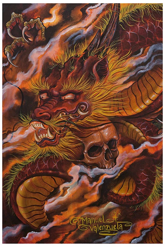 Dragons Descent and Skull by Manuel Valenzuela Tattoo Fine Art Print