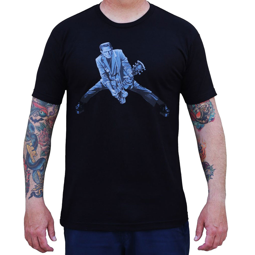 Rock n Roll Monster by Mike Bell Men's Black Tattoo Tee Shirt Frankenstein Guitar