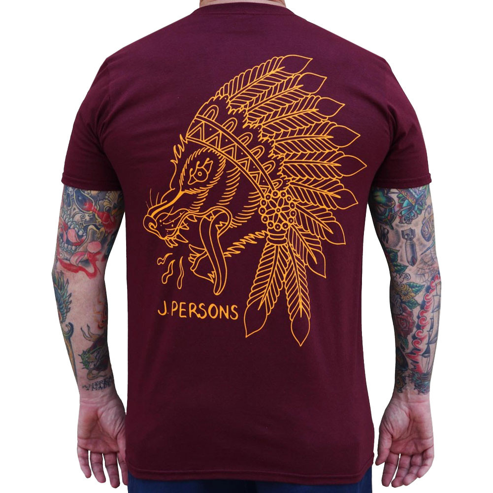 Wolf Spirit Indian Headdress by Josh Persons Men's Maroon Red Tattoo Tee Shirt