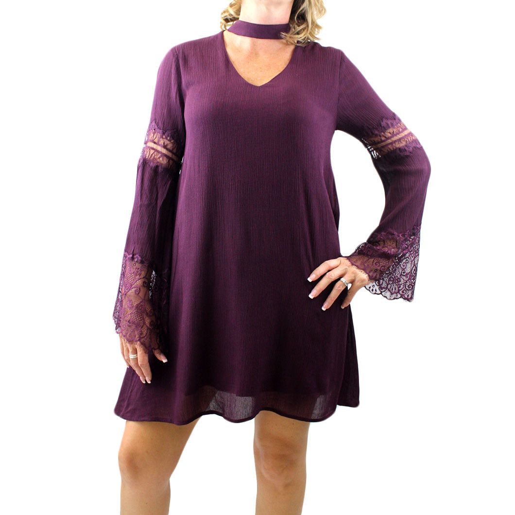 Women's Eggplant Purple Long Sleeved Bohemian Tunic or Dress with Embroidered Lace Detail