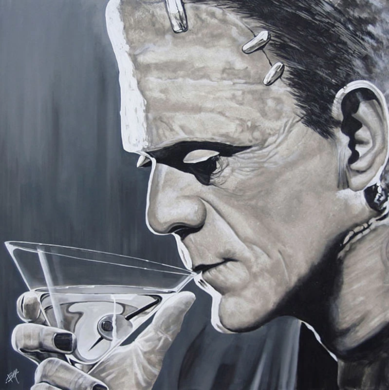 Contemplative Cocktail by Mike Bell Canvas Giclee Tattoo Art Print Frankenstein Monster