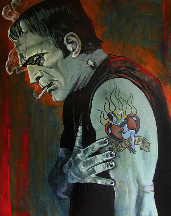 Broken Hearted by Mike Bell Canvas Giclee Tattoo Art Print Frankenstein Monster