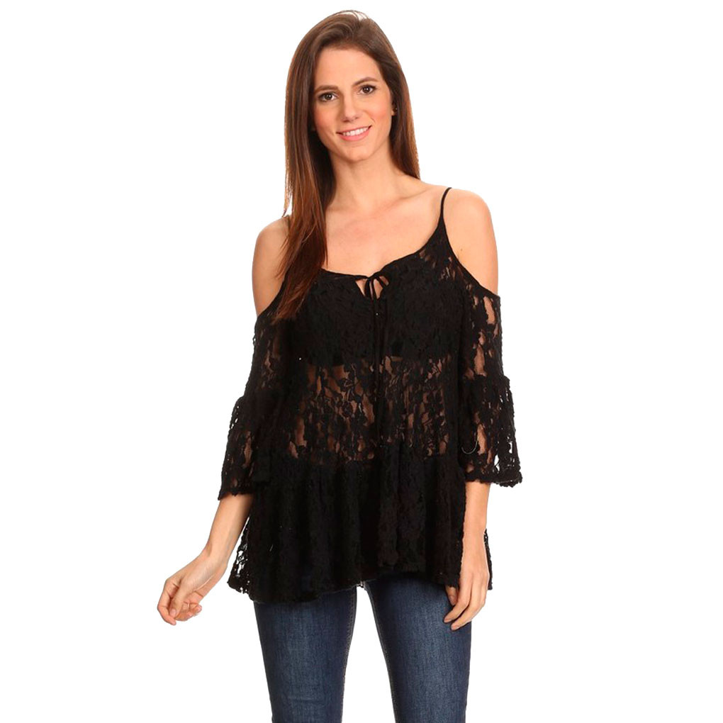 Women's Black Lace Cold Shoulder 3/4 Sleeve Shirt