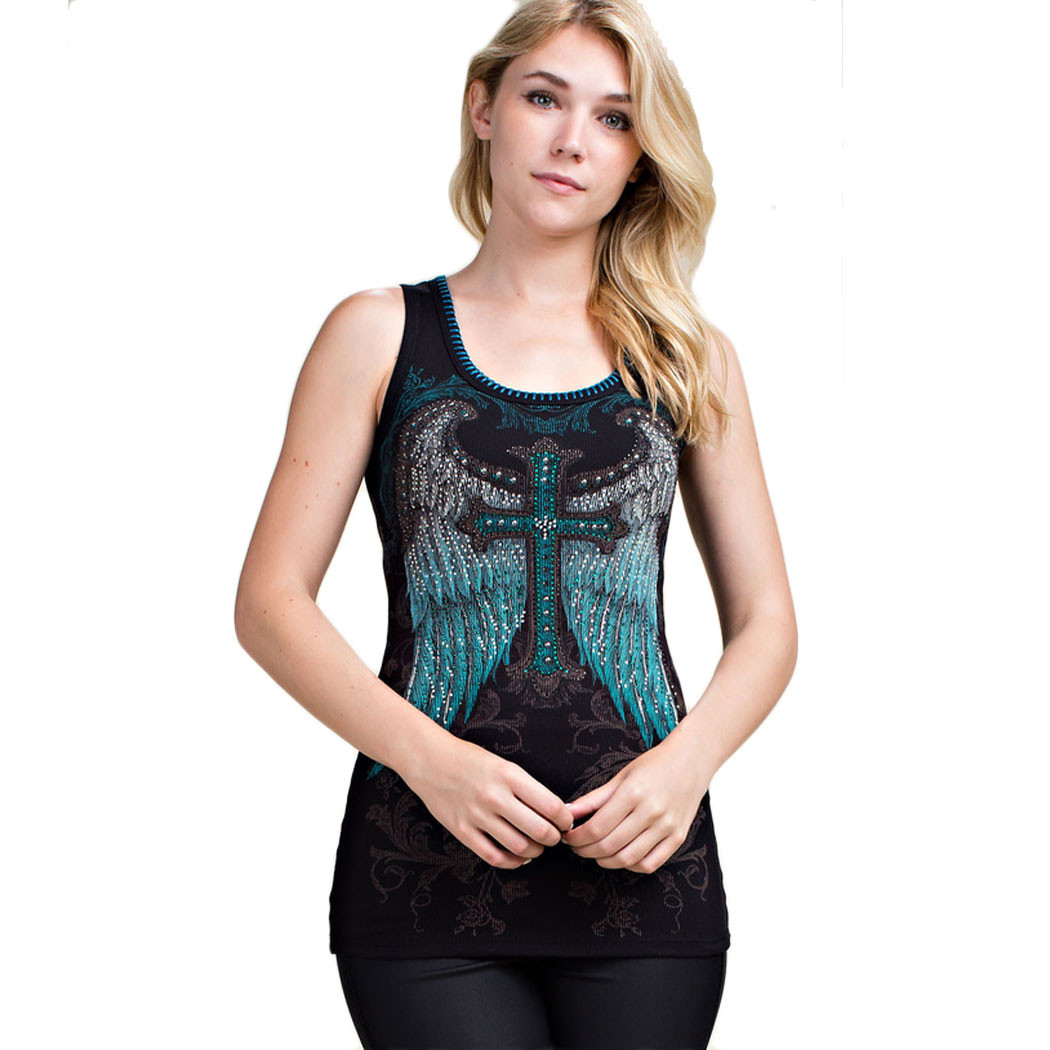 Women's Vocal Black Tank Top Tunic with Eagle Wings and Cross