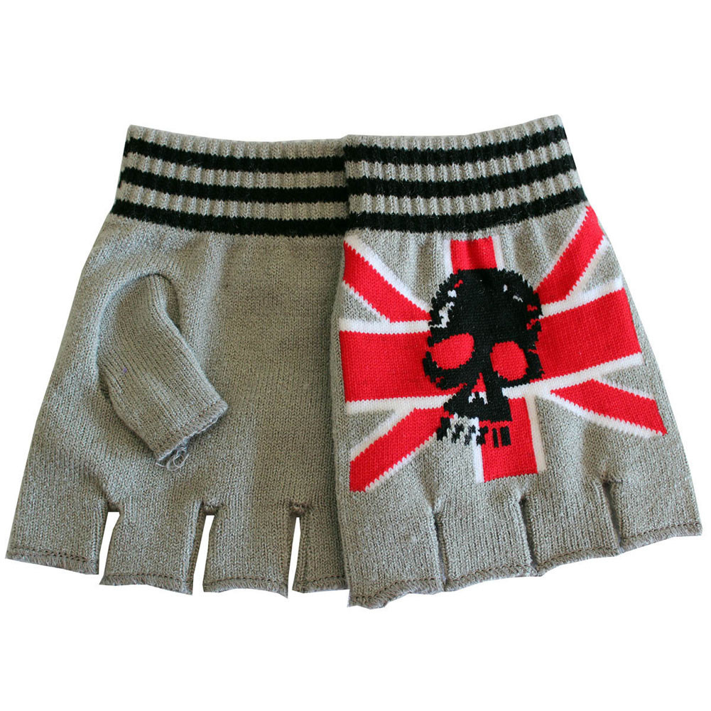 Union Jack Skull Grey Knitted Fingerless Gloves
