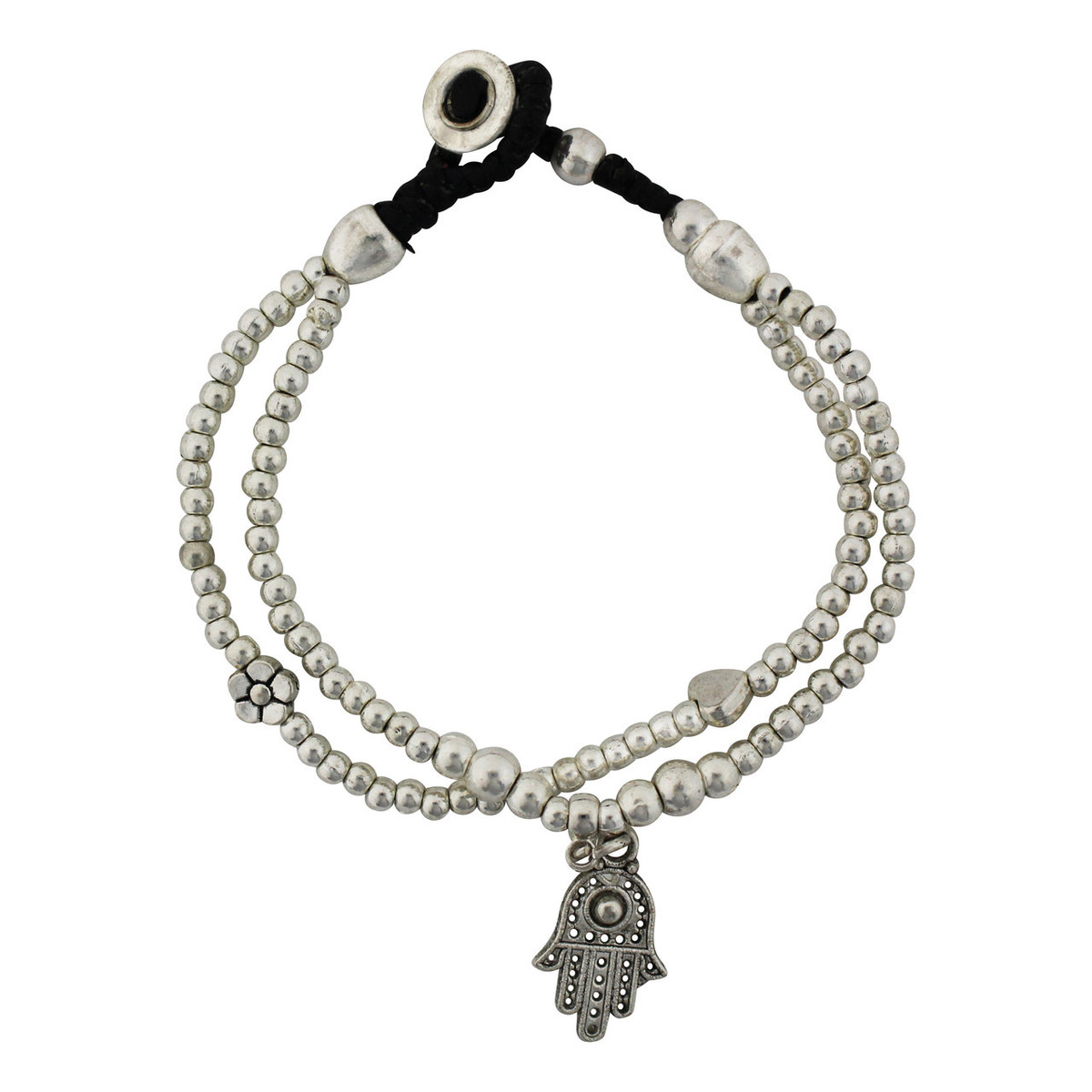 Hamsa Charm on Two Strand Silver Beaded Alloy Bracelet Waxed Linen Wristband