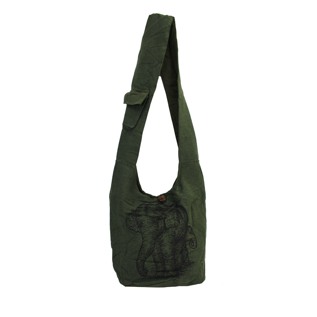 Dark Green Cotton Sling Bag Purse with an Elephant Design