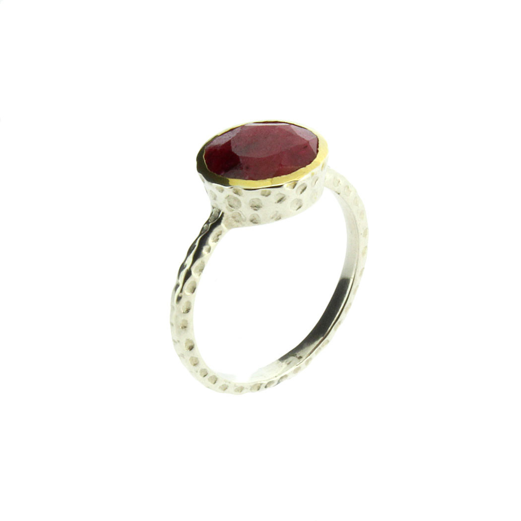 Round Red Raw Ruby Faceted Cut Sterling Silver Ring Gold Plated Edge