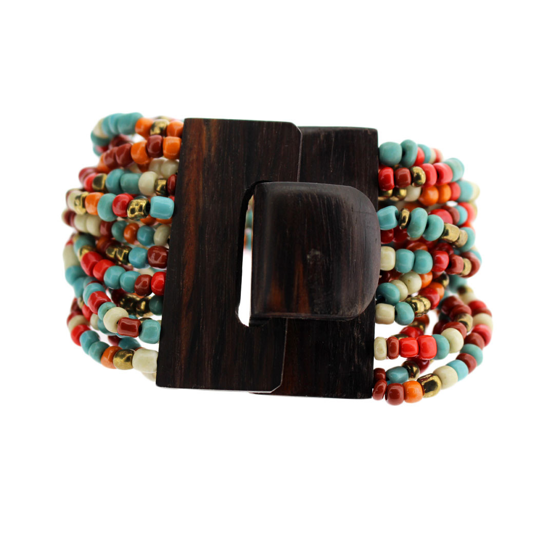 Orange Turquoise Rust Cream Bronze Bali Bracelet Glass Beads Wood Buckle Elastic