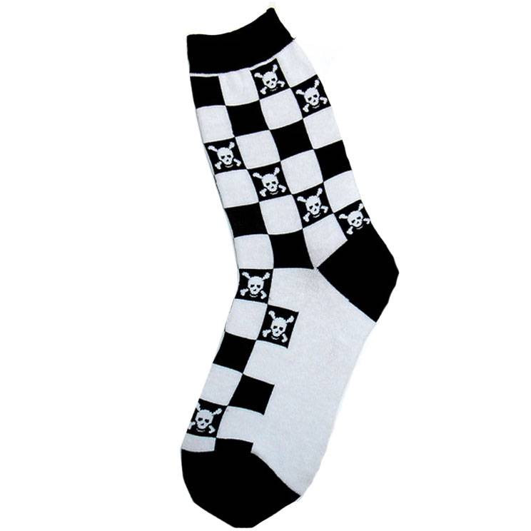 Women's Black White Checkered Skull Crossbone Socks Novelty Footwear Biker Rock