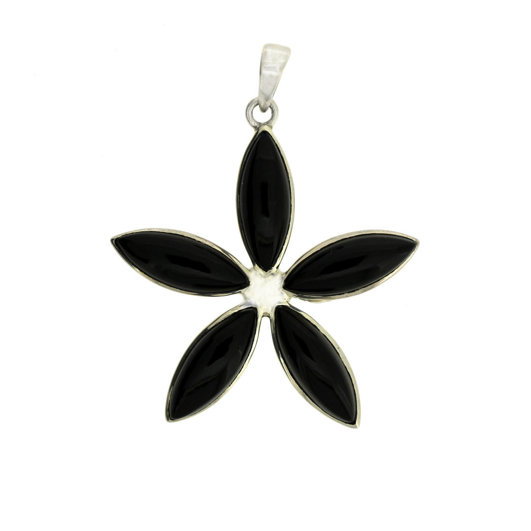 Black Onyx Flower Design Sterling Silver Pendant