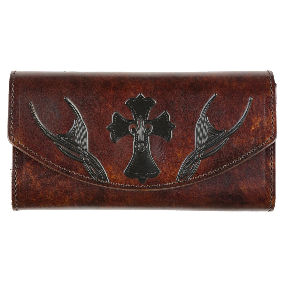 Women's Brown Leather Wallet Checkbook Style with Embossed Cross Fleur de Lis