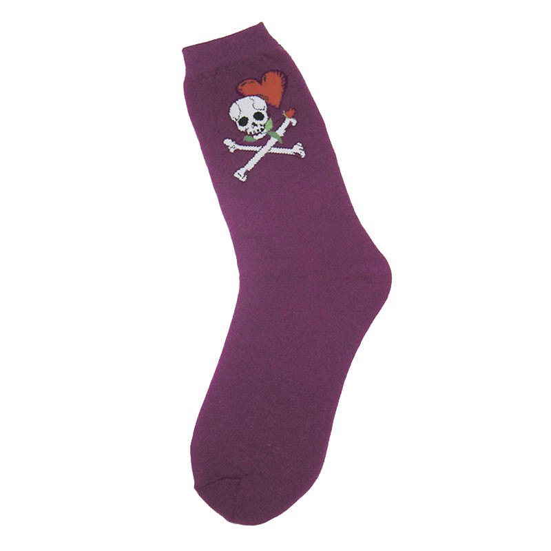Purple sock with skull and crossbones.