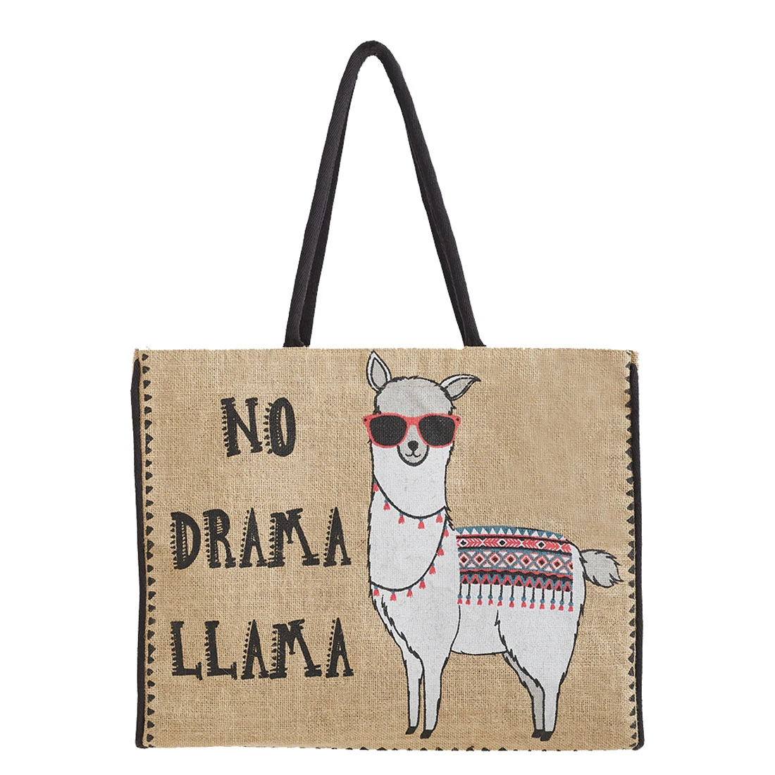 Mona B Large No Drama Llama Burlap Tote Shopping Market Bag