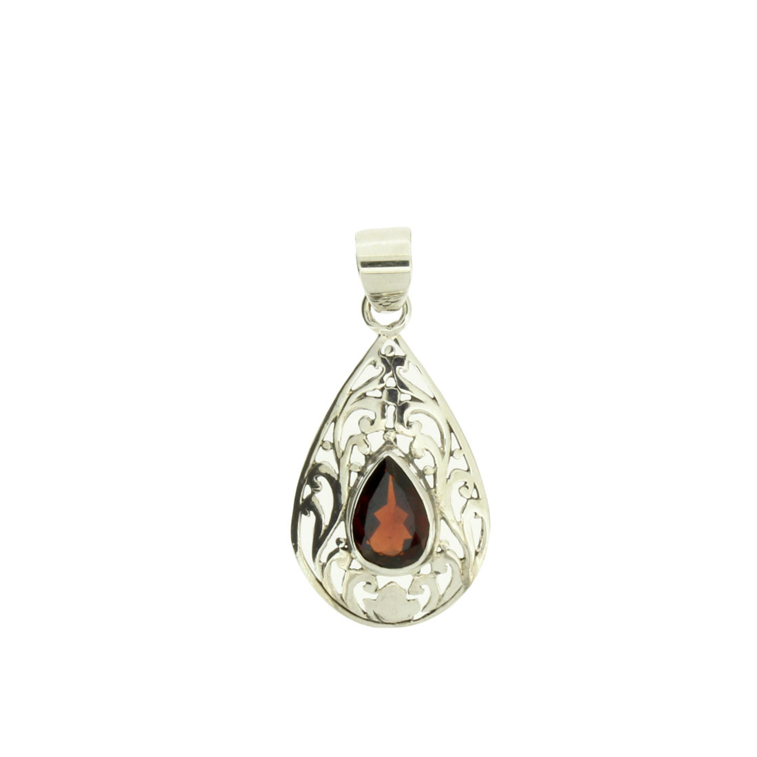 Faceted Red Garnet Teardrop Shape Pendant Sterling Silver Jewelry