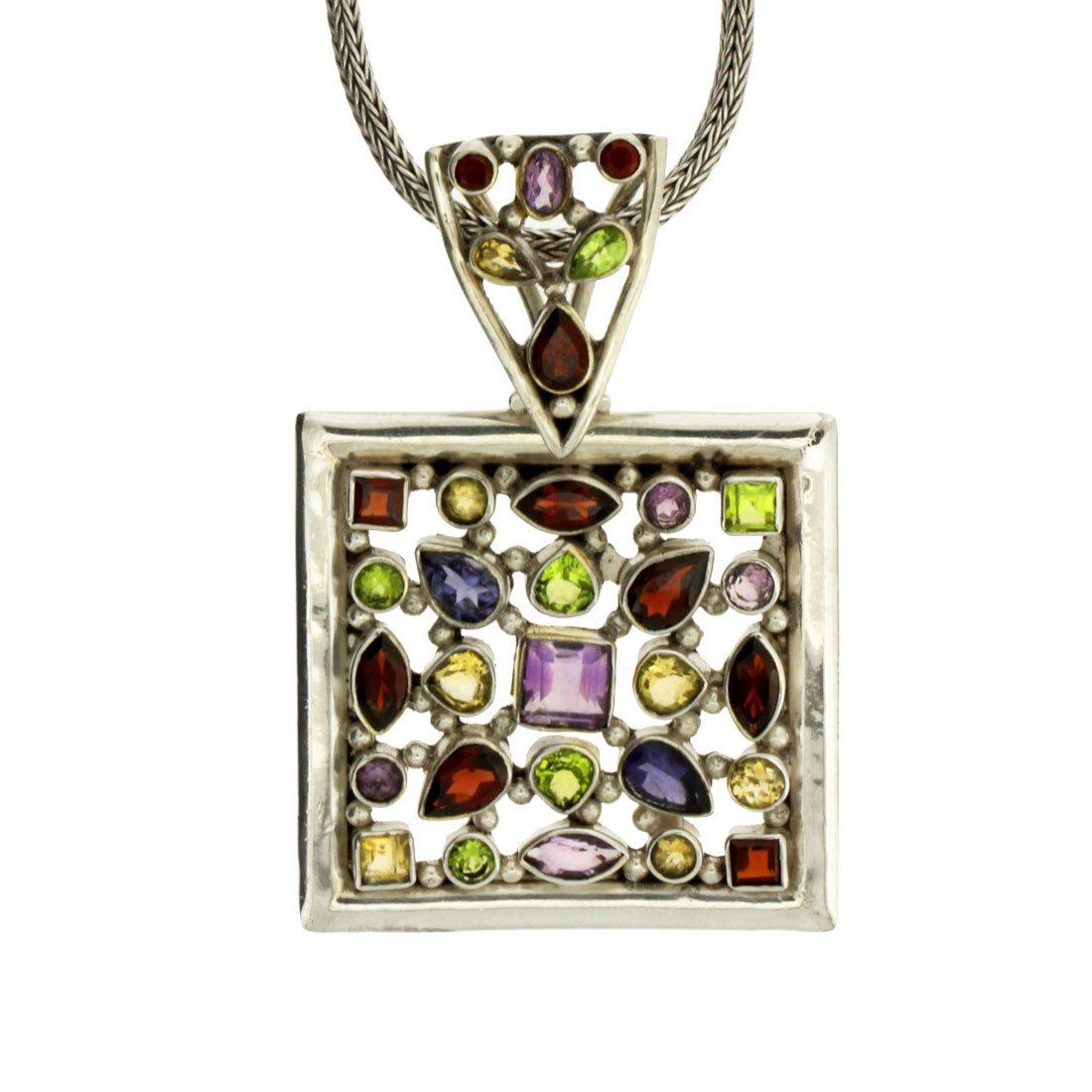 Large Multi Stone Faceted Square Pendant Sterling Silver Jewelry