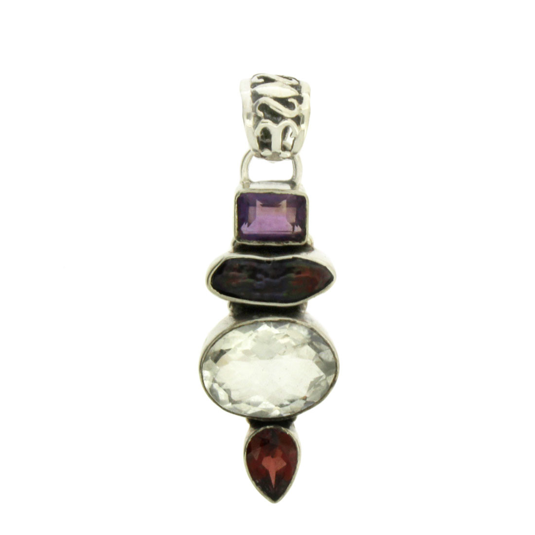 Sterling Silver Multi Stone Pendant with Amethyst, Quartz, Garnet & Pearl.