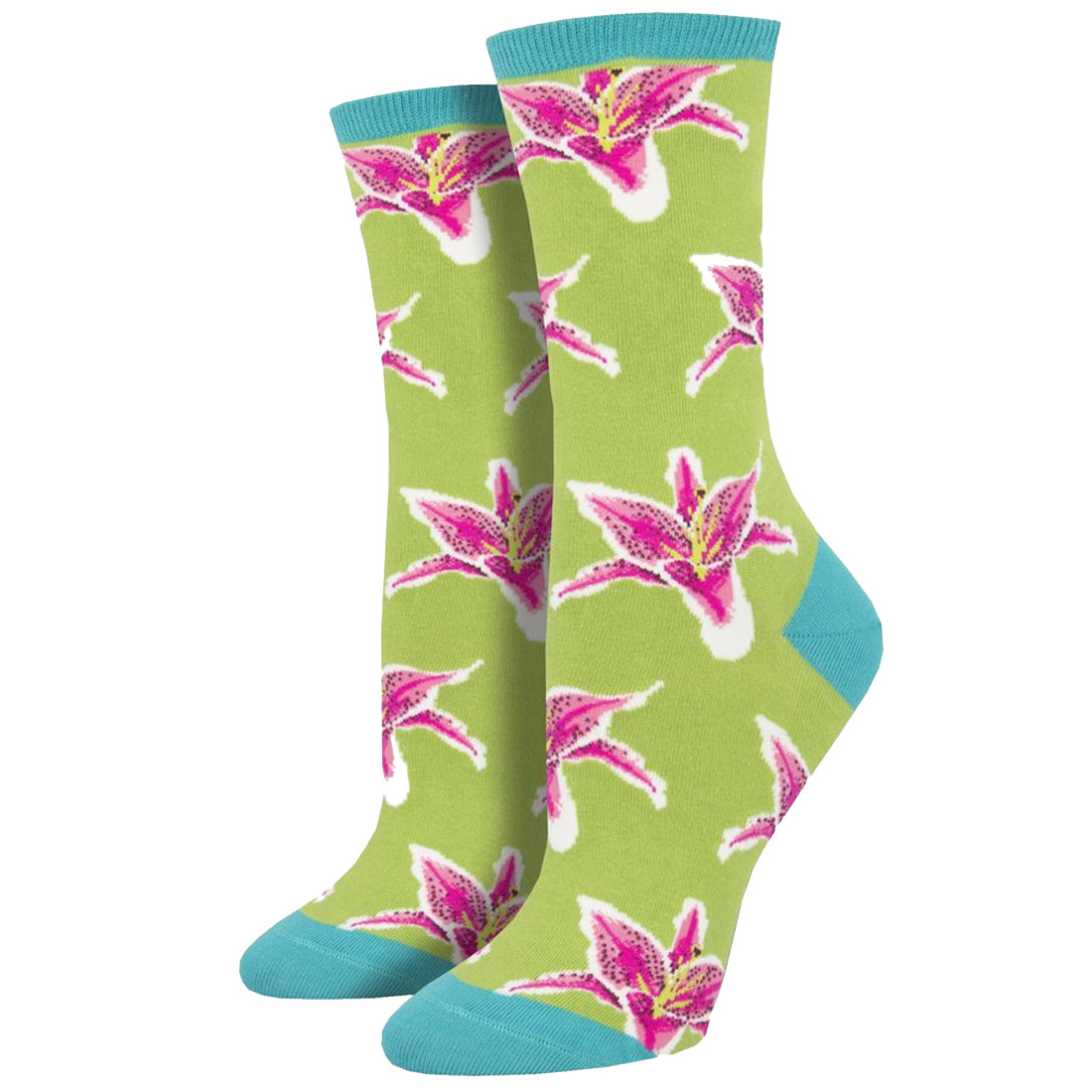 Women's Crew Socks Lilies Flowers Floral Footwear Green