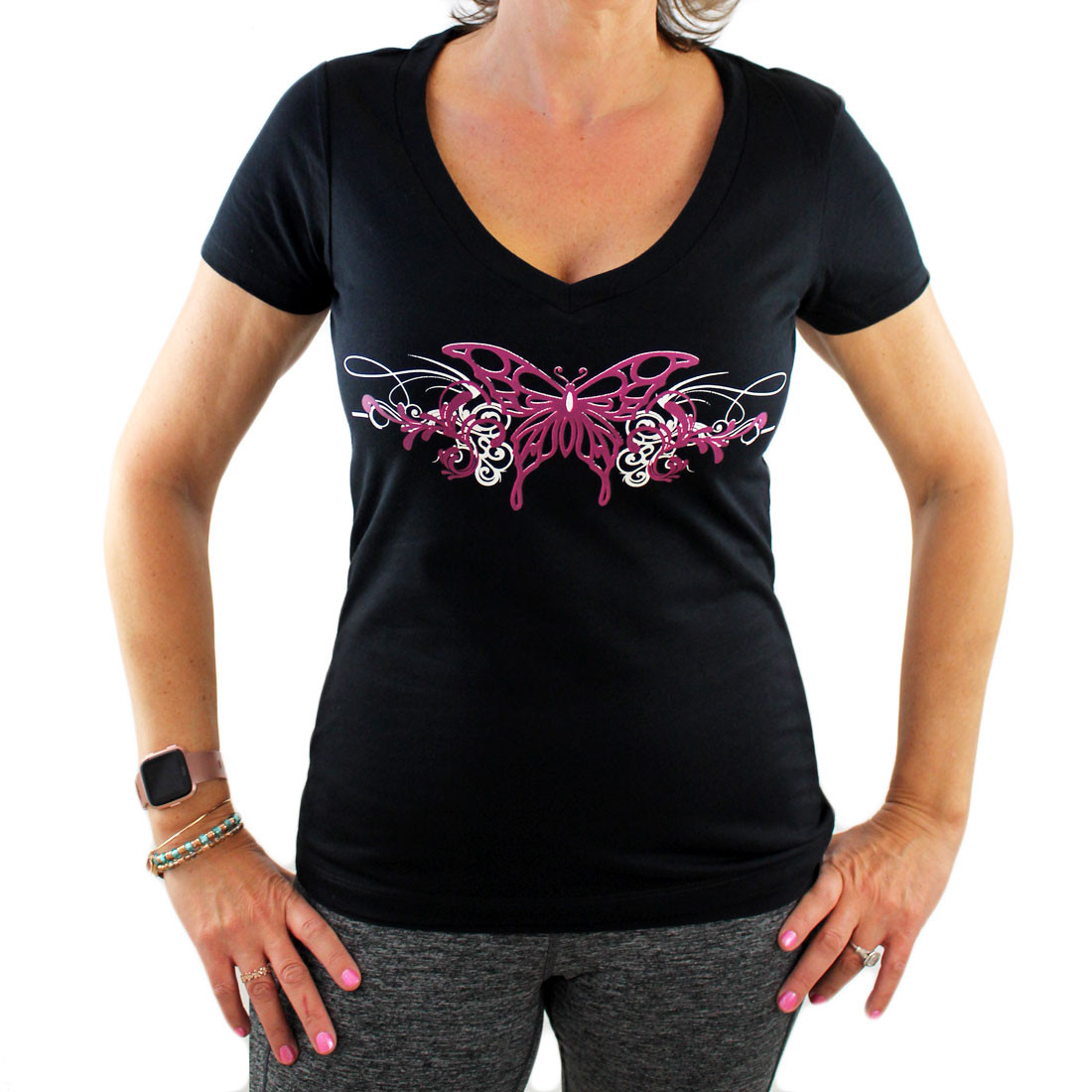 Women's Butterfly Design Black V Neck Tee Shirt Short Sleeve