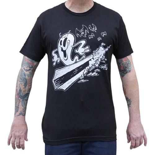 Watery Grave by Shawn Dickinson Men's Black Tee Shirt SoCal Cartoon Surfing Ghost