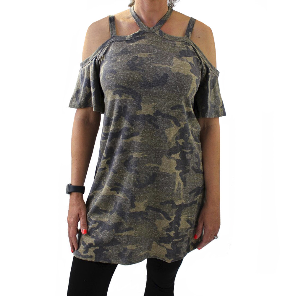 Camo Cold Shoulder Tunic Dress