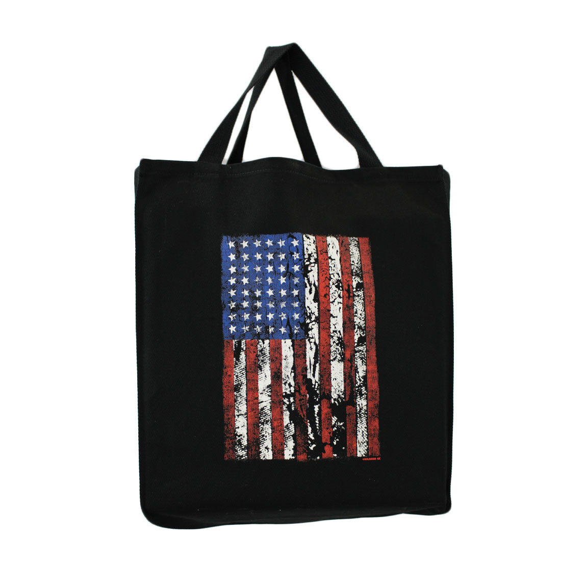 American Flag on front of black cotton twill grocery bag.