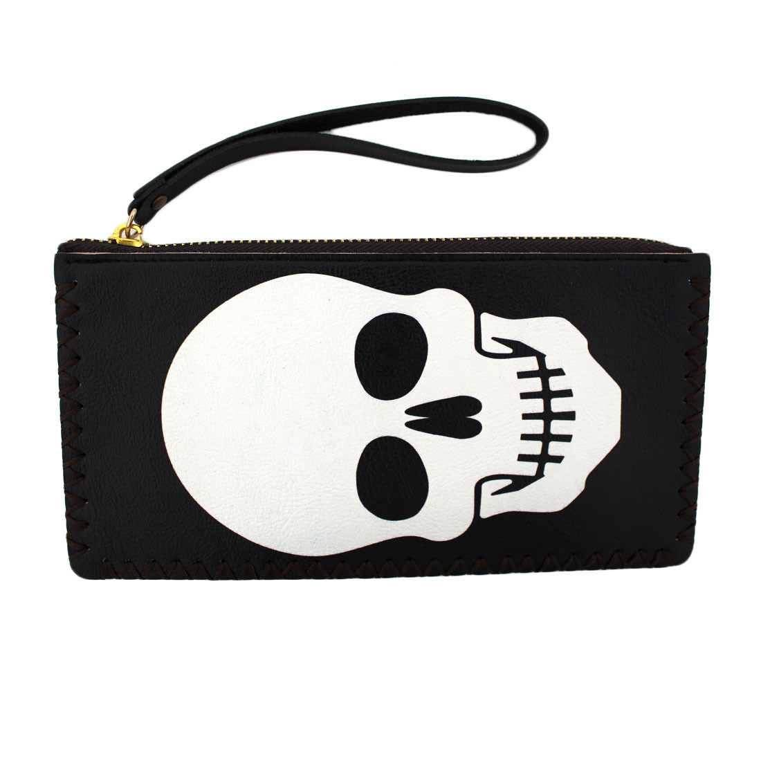 White skull face on black wristlet wallet. 