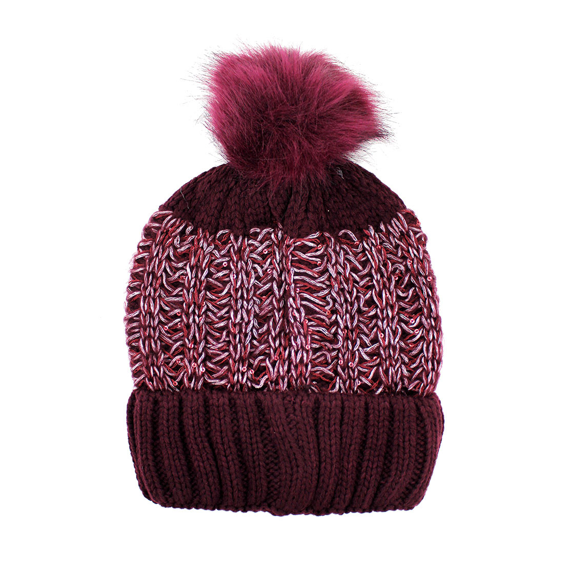 Wine women's knit soft beanie with a pompom.