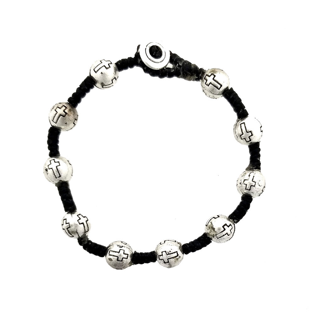Cross design on alloy ball beads on waxed linen bracelet. 