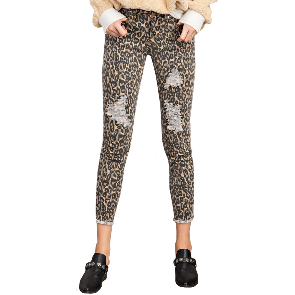 Leopard Animal Print Self Distressed Ankle Cut Pants