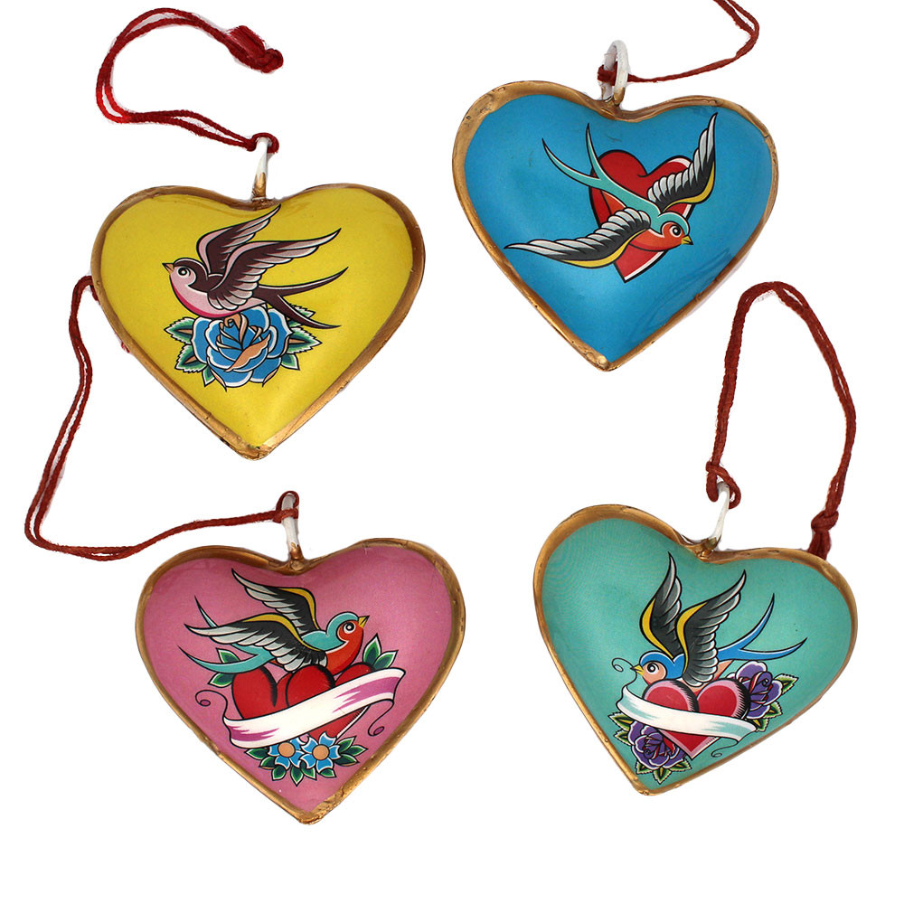 Frontside of Lovebirds metal heart Christmas ornaments.  