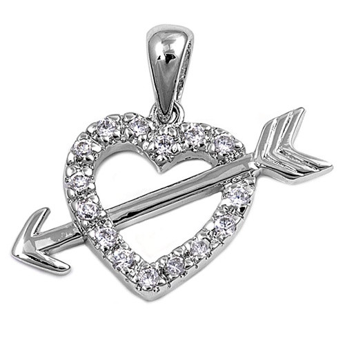 Sterling silver CZ heart with arrow pendant. 