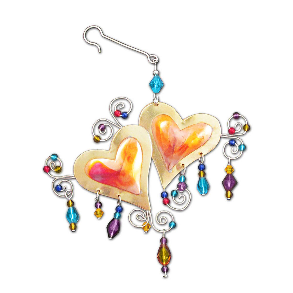 Luv u more double heart beaded metal ornament. 