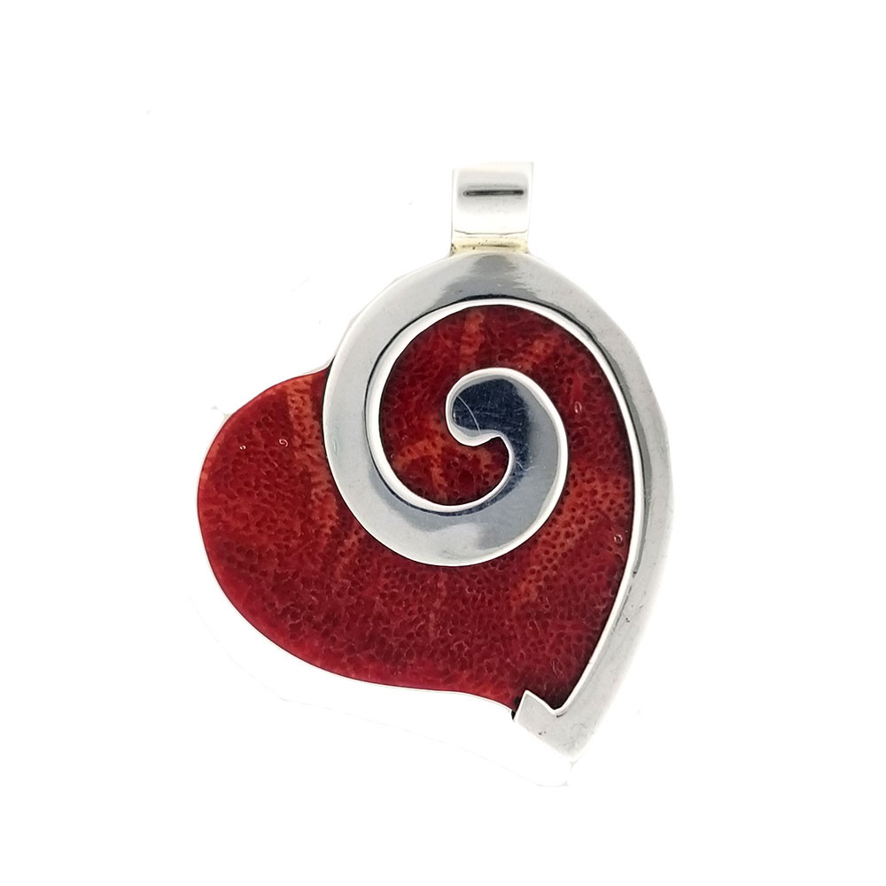 Red Coral heart sterling silver pendant. 