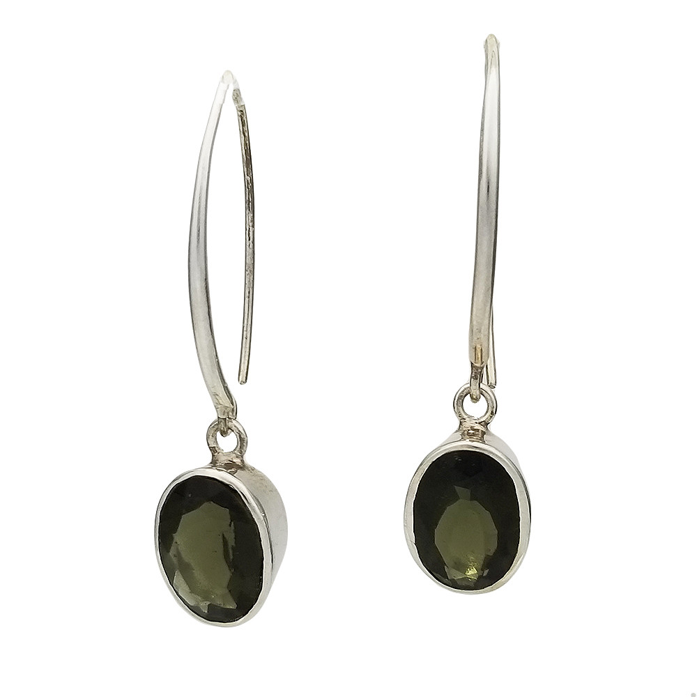 Faceted high quality Moldavite dangle sterling silver earrings. 