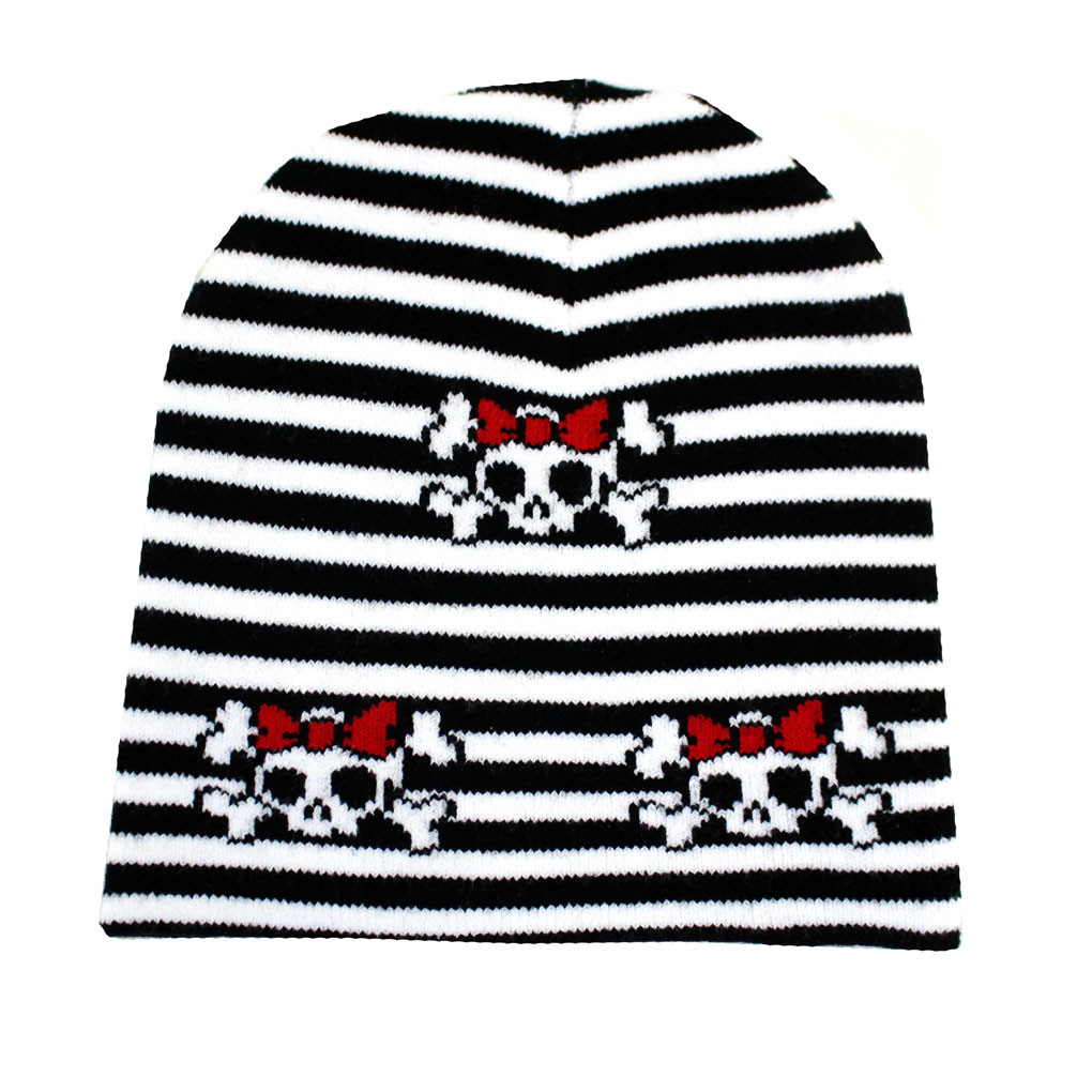 Striped beanie with cute skulls.