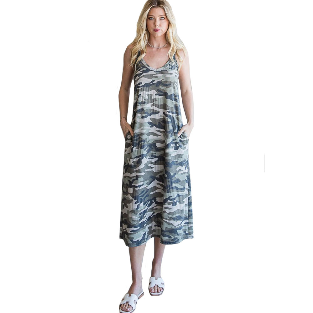 Camo Print Ribbed Knit Midi Dress