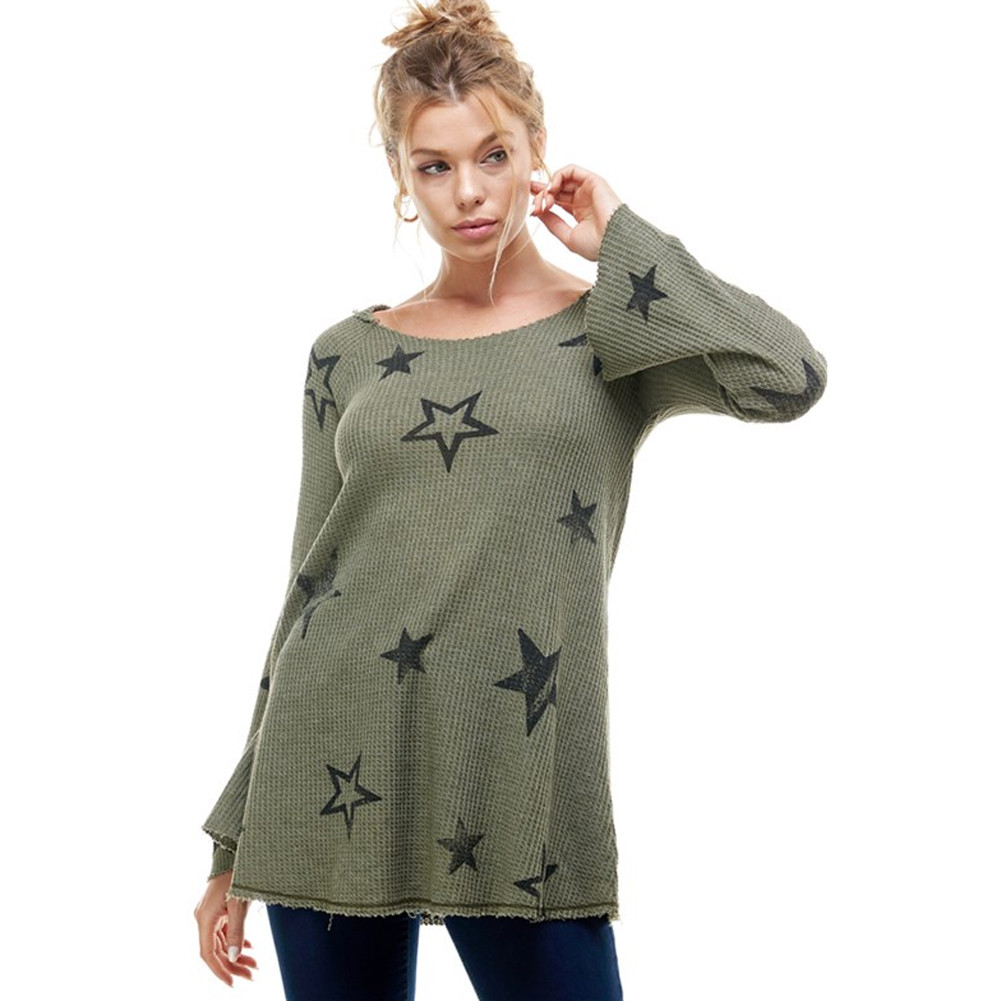T-Party Olive Green Star Print Long Sleeve Hoodie Top