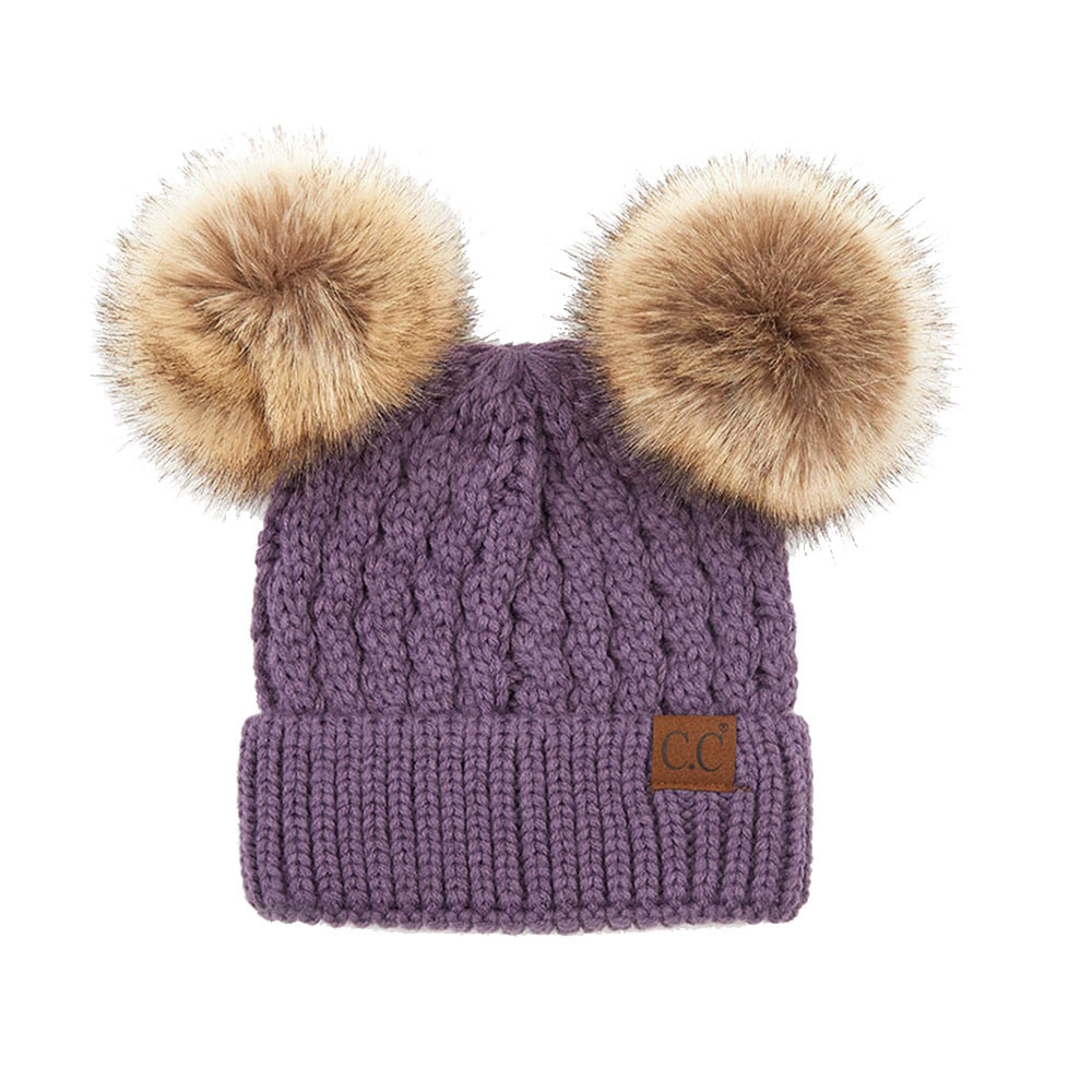 Violet purple CC beanie with two pompoms.  