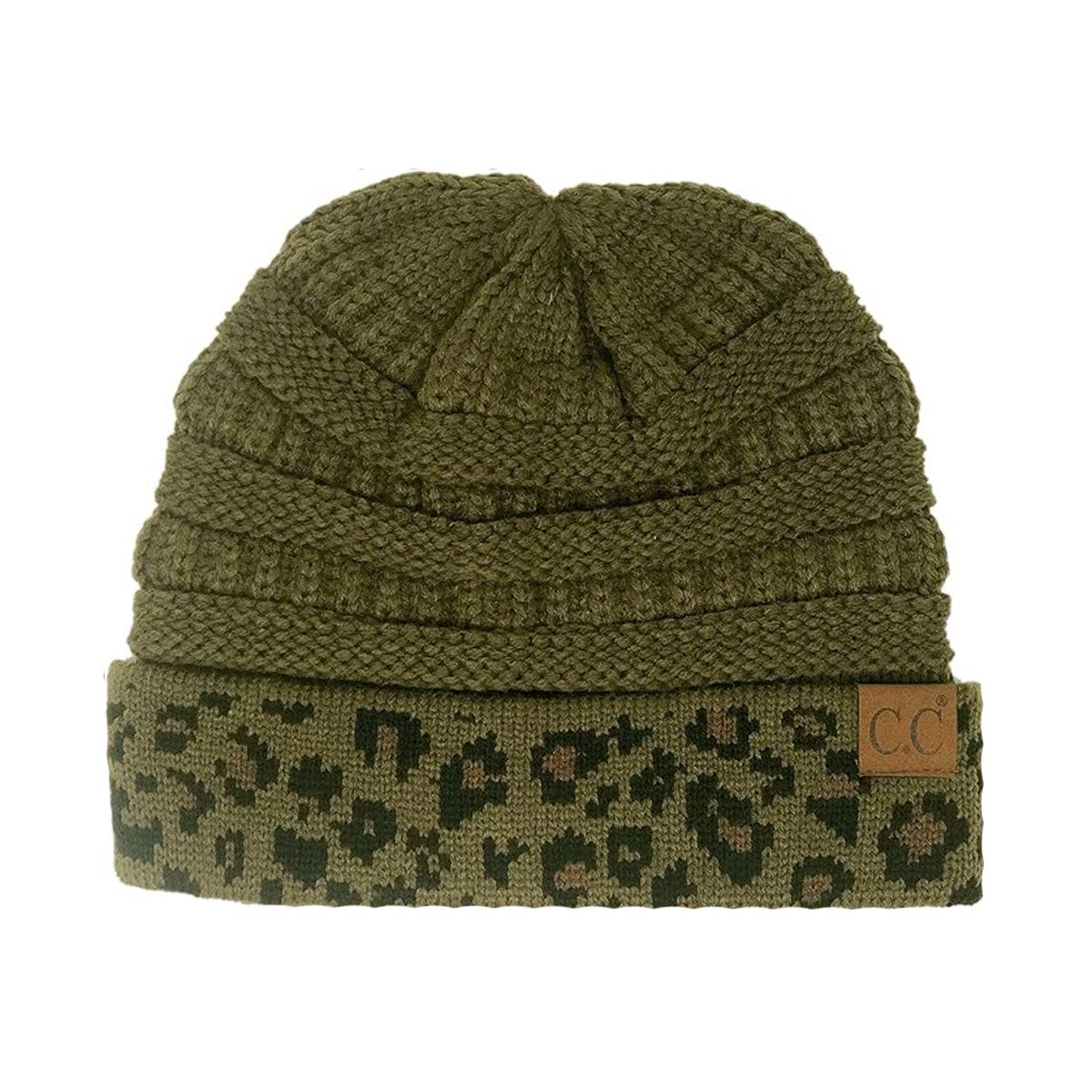 CC olive green beanie with leopard print trim. 