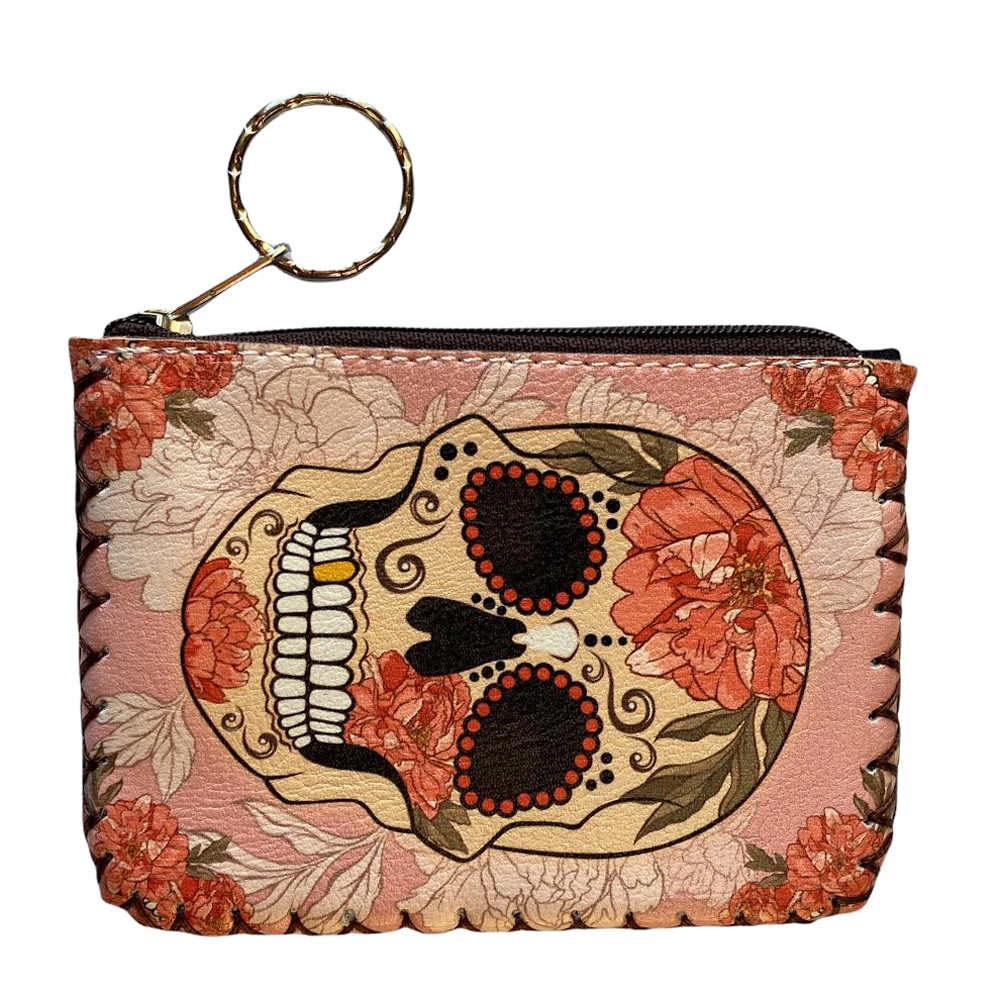 Floral Sugar Skull Zippered Coin Purse key ring attachment view