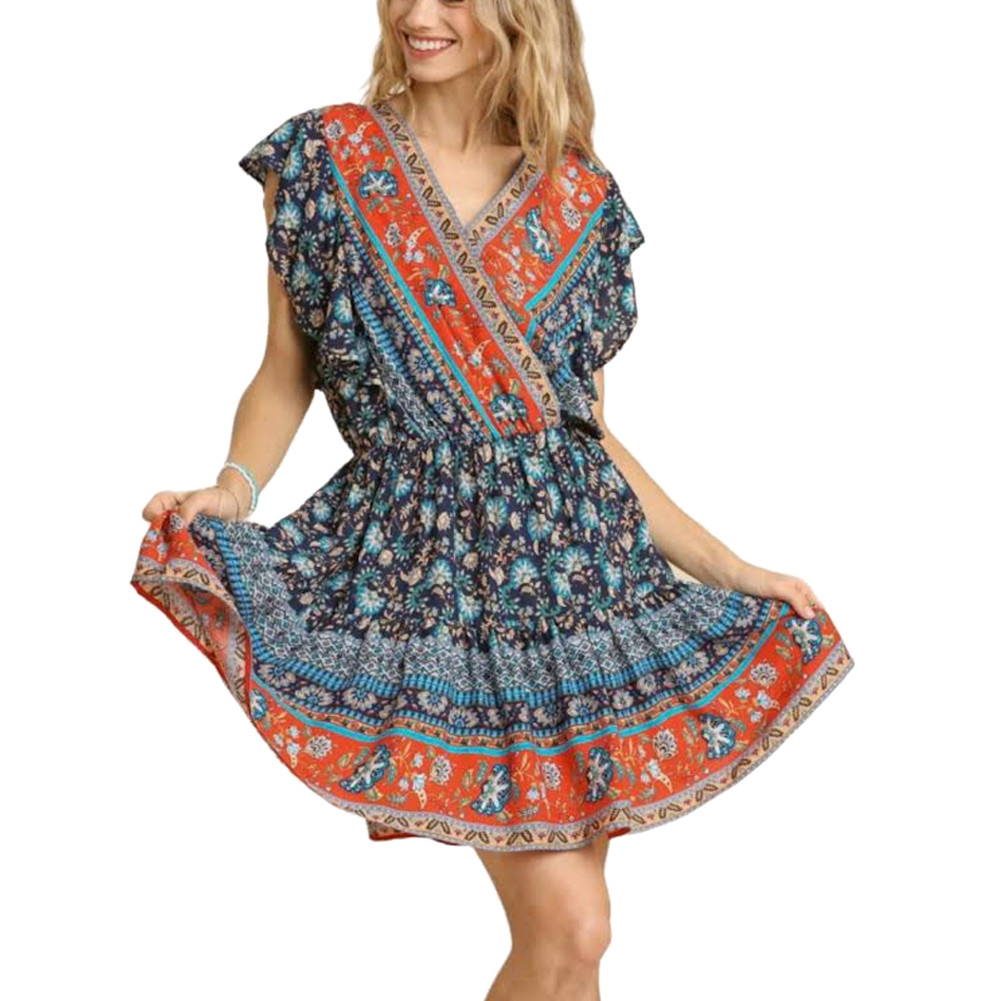 umgee Floral Print Navy Mix Short Dress